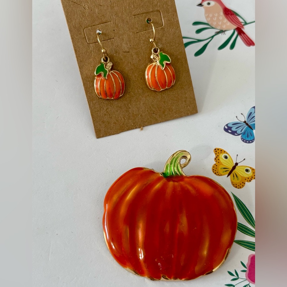 Vintage, 90’s Fall Pumpkin Brooch and Earring Set